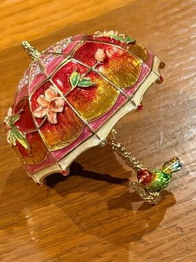 Enamel Pink & Gold Floral Umbrella Trinket Box with Bird Jeweled magnetic